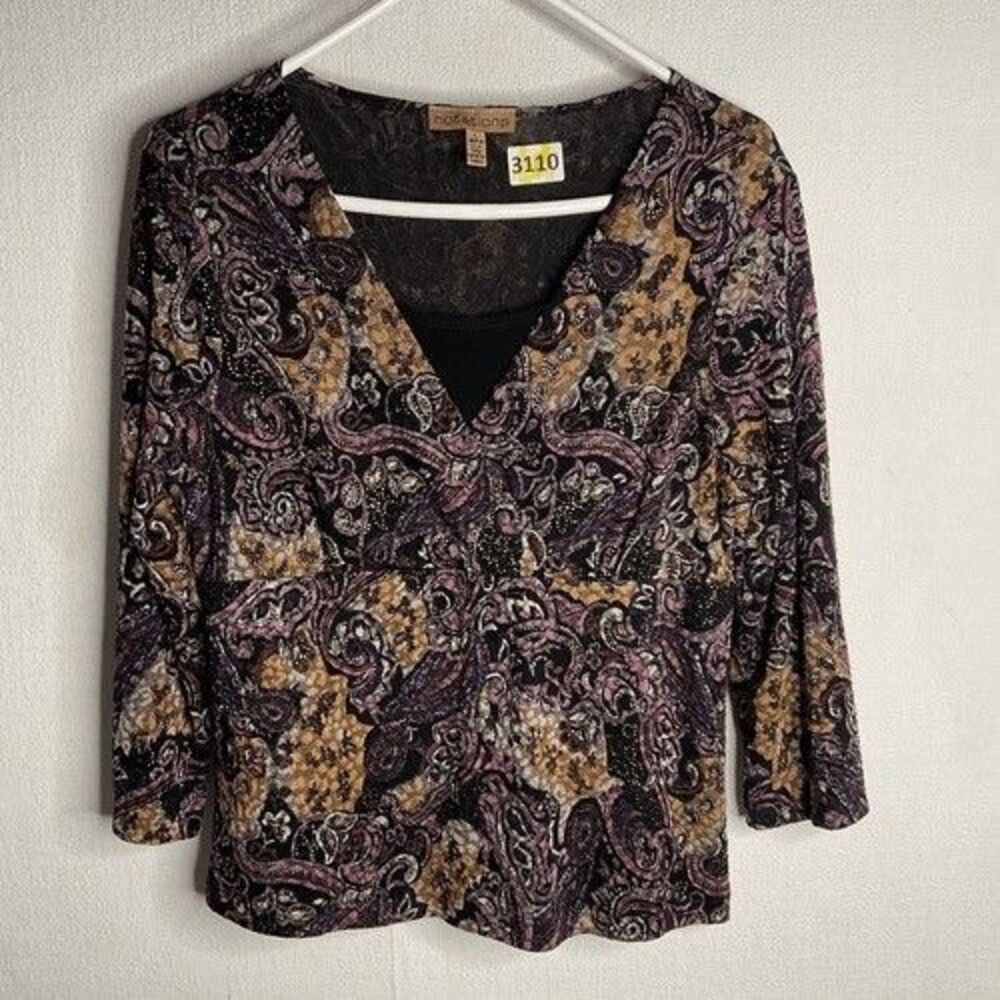 Notations 3/4 Sleeve Semi Sheer Blouse‎ Top Woman Size Large Paisley Brown/Pink